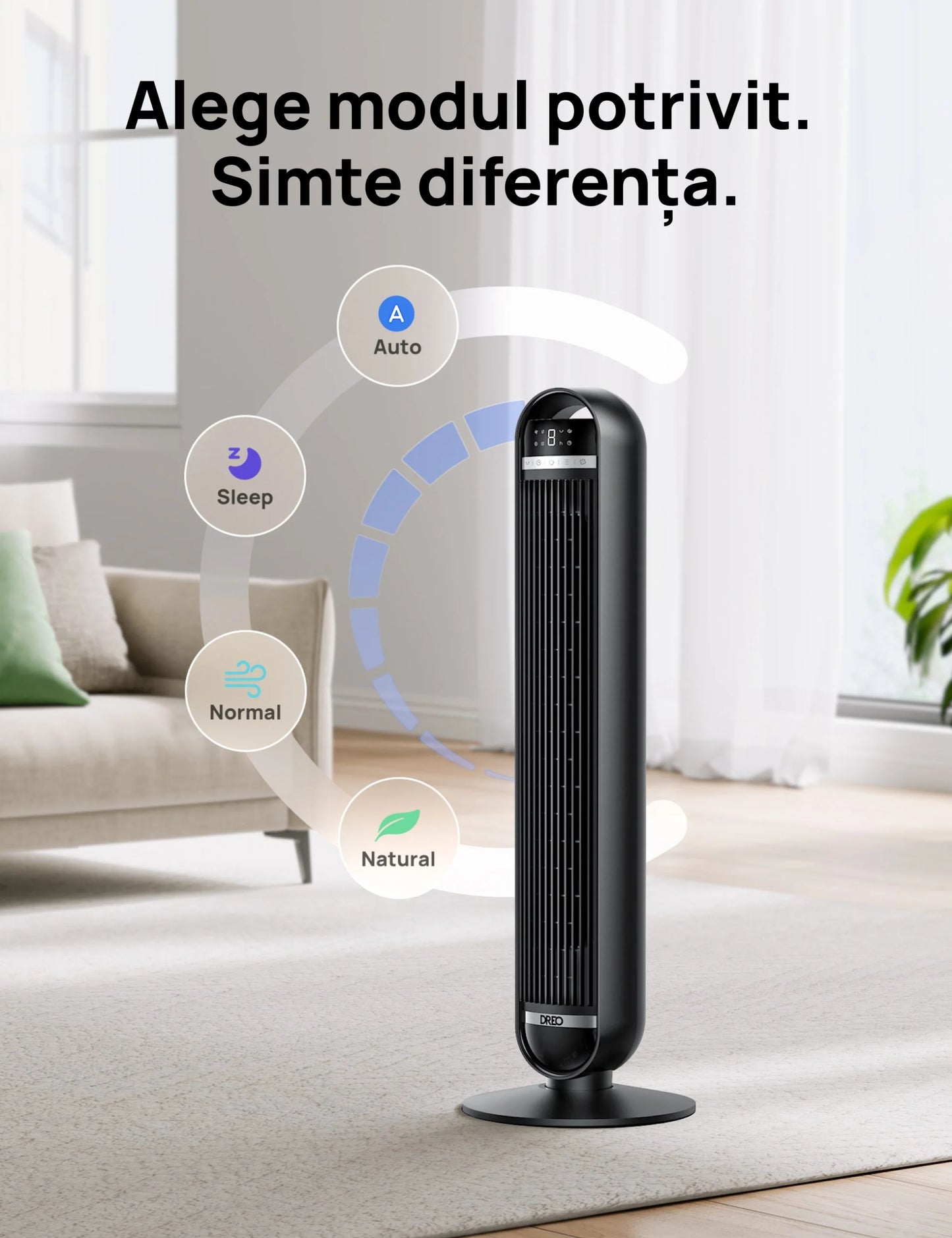 Ventilator Turn DREO Nomad DR-HTF014, 8 Viteze, 4 Moduri Funcționare, 92 cm, HyperSilent 25dB, Oscilație 90°, Telecomandă, Negru