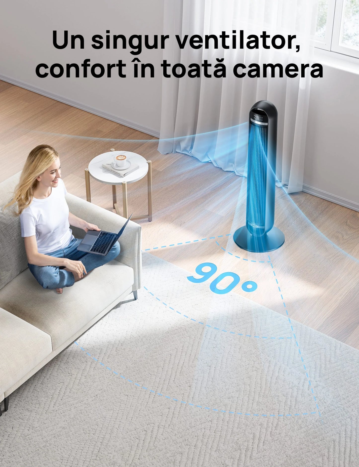 Ventilator Turn DREO Nomad DR-HTF014, 8 Viteze, 4 Moduri Funcționare, 92 cm, HyperSilent 25dB, Oscilație 90°, Telecomandă, Negru