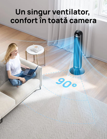 Ventilator Turn DREO Nomad DR-HTF014, 8 Viteze, 4 Moduri Funcționare, 92 cm, HyperSilent 25dB, Oscilație 90°, Telecomandă, Negru
