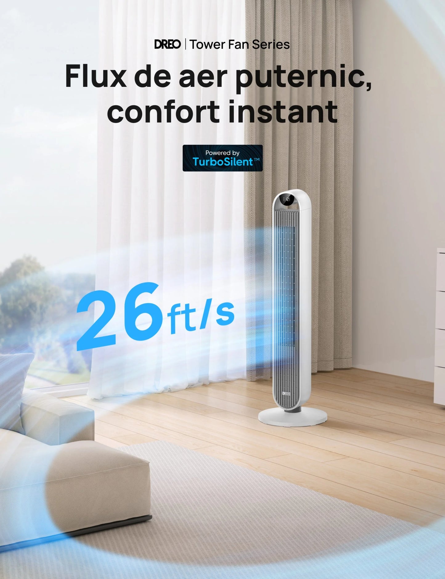 Ventilator Turn Smart DREO Pilot Max S DR-HTF004S, 12 Viteze, 4 Moduri Funcționare, 108 cm, HyperSilent 25dB, Oscilație 120°, Alb