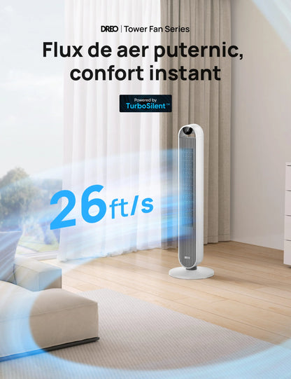 Ventilator Turn Smart DREO Pilot Max S DR-HTF004S, 12 Viteze, 4 Moduri Funcționare, 108 cm, HyperSilent 25dB, Oscilație 120°, Alb