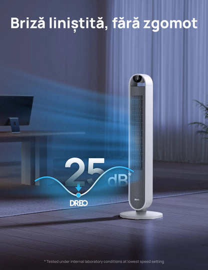 Ventilator Turn Smart DREO Pilot Max S DR-HTF004S, 12 Viteze, 4 Moduri Funcționare, 108 cm, HyperSilent 25dB, Oscilație 120°, Alb