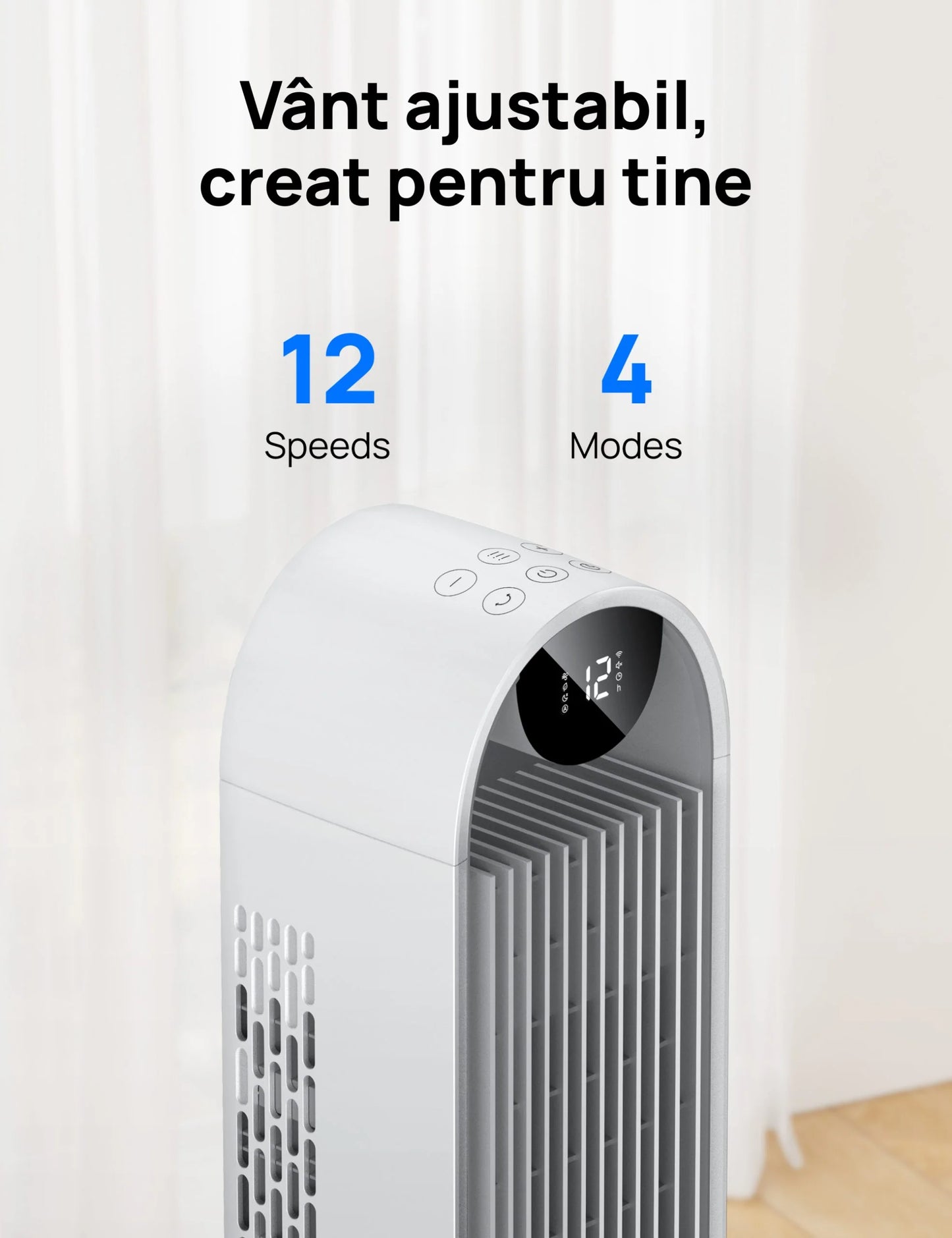 Ventilator Turn Smart DREO Pilot Max S DR-HTF004S, 12 Viteze, 4 Moduri Funcționare, 108 cm, HyperSilent 25dB, Oscilație 120°, Alb