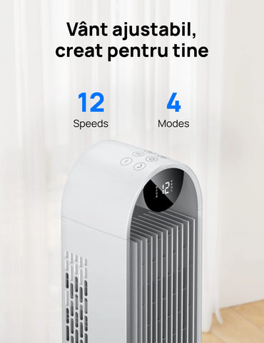 Ventilator Turn Smart DREO Pilot Max S DR-HTF004S, 12 Viteze, 4 Moduri Funcționare, 108 cm, HyperSilent 25dB, Oscilație 120°, Alb