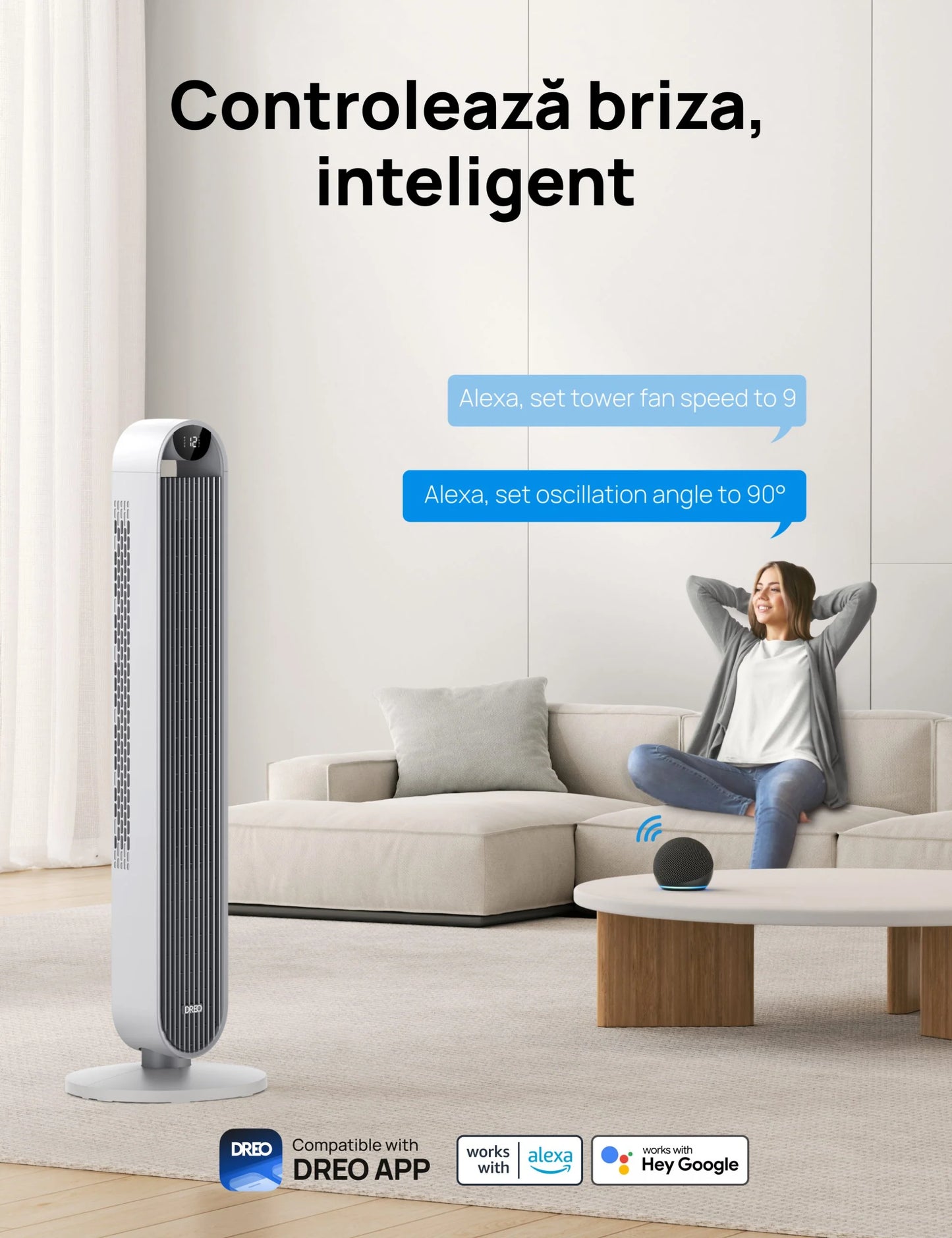 Ventilator Turn Smart DREO Pilot Max S DR-HTF004S, 12 Viteze, 4 Moduri Funcționare, 108 cm, HyperSilent 25dB, Oscilație 120°, Alb