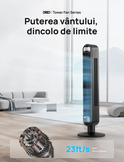 Ventilator Turn DREO Cruiser DR-HTF019, 6 Viteze, 4 Moduri Funcționare, 106 cm, HyperSilent 30dB, Oscilație 90°, Telecomandă, Negru