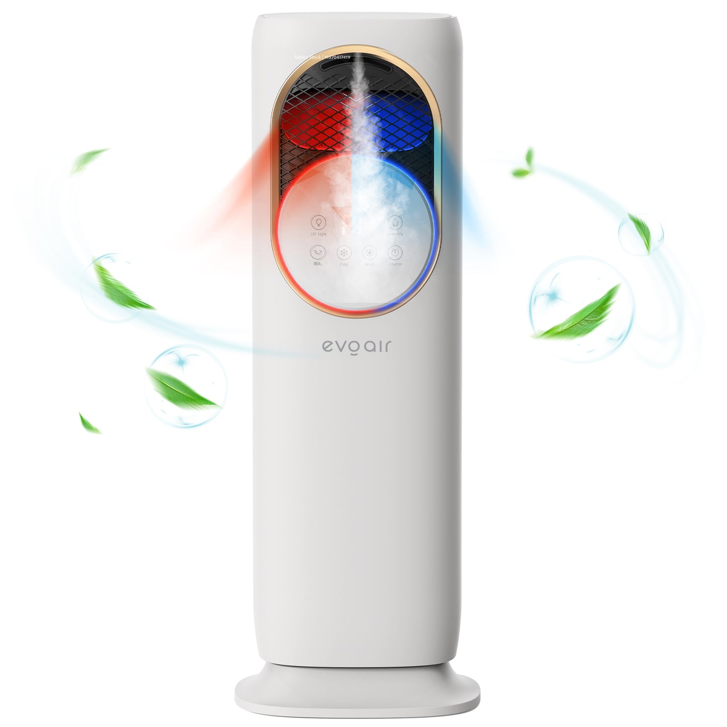 Ventilator Turn EVOAIR BRIIS GOLD, 4 în 1, Aerotermă, Funcție Încălzire/Răcire/Umidificare/Sterilizare UV, Telecomandă, 5 viteze, Pastile Răcire 2 + 2 Cadou, Rezervor 3.15L, Alb/Auriu