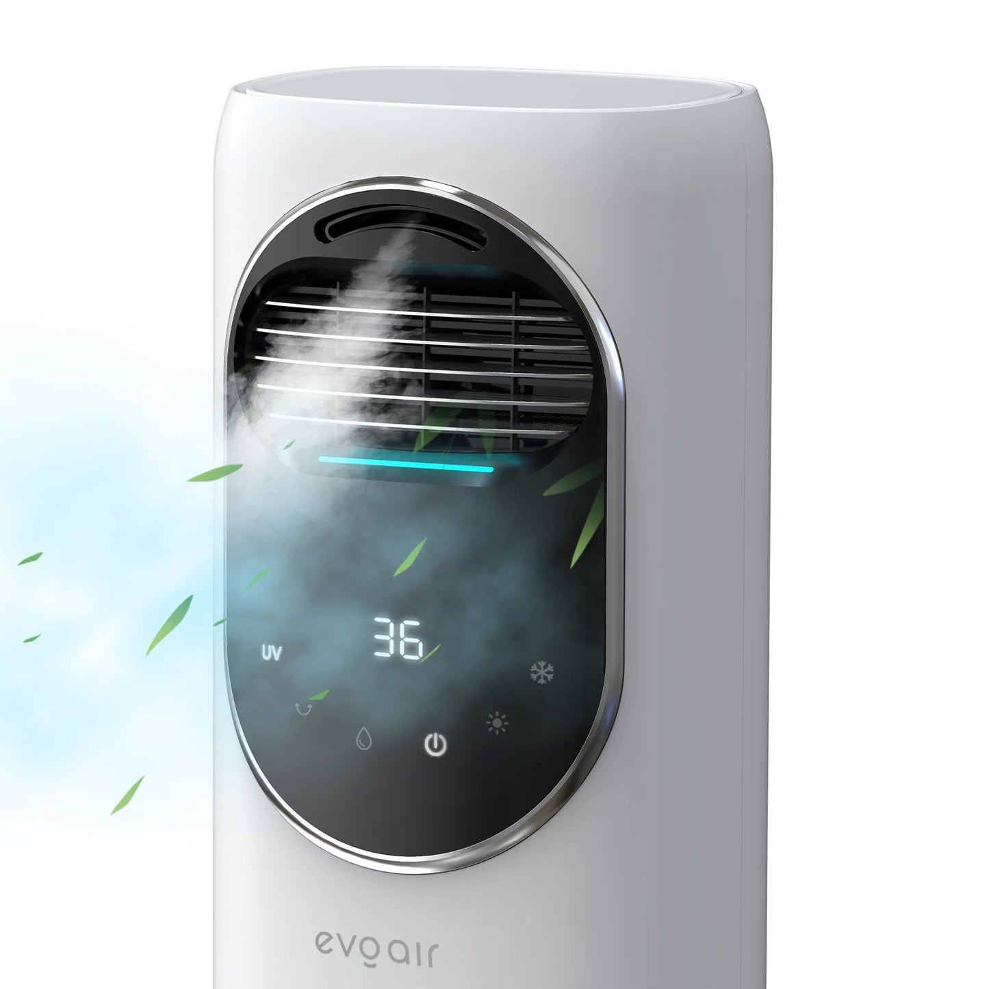 Ventilator Turn EVOAIR BRIIS SILVER, 4 în 1, Aerotermă, Funcție Încălzire/Răcire/Umidificare/Sterilizare UV, Telecomandă, 5 viteze, Pastile Răcire 2 + 2 Cadou, Rezervor 3.15L, Alb/Argintiu