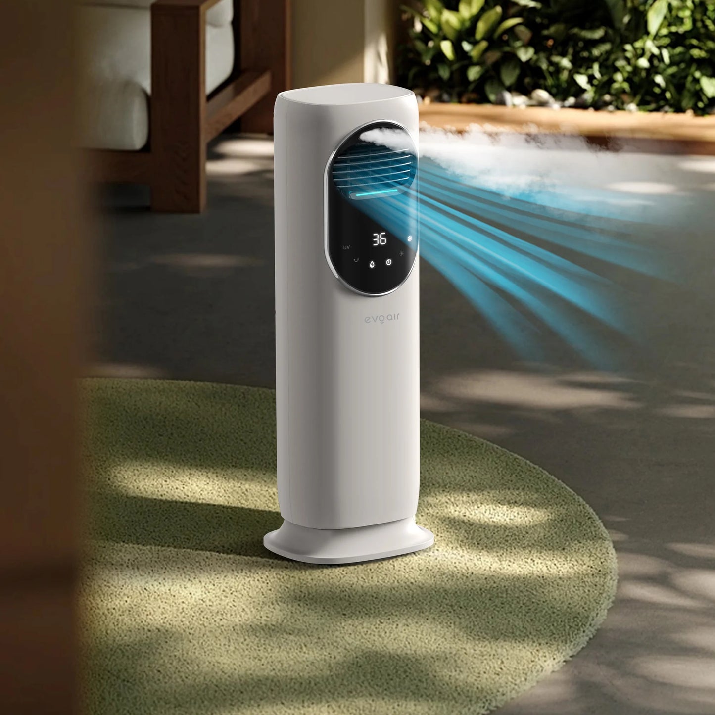 Ventilator Turn EVOAIR BRIIS SILVER, 4 în 1, Aerotermă, Funcție Încălzire/Răcire/Umidificare/Sterilizare UV, Telecomandă, 5 viteze, Pastile Răcire 2 + 2 Cadou, Rezervor 3.15L, Alb/Argintiu