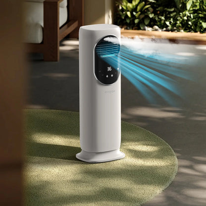 Ventilator Turn EVOAIR BRIIS SILVER, 4 în 1, Aerotermă, Funcție Încălzire/Răcire/Umidificare/Sterilizare UV, Telecomandă, 5 viteze, Pastile Răcire 2 + 2 Cadou, Rezervor 3.15L, Alb/Argintiu