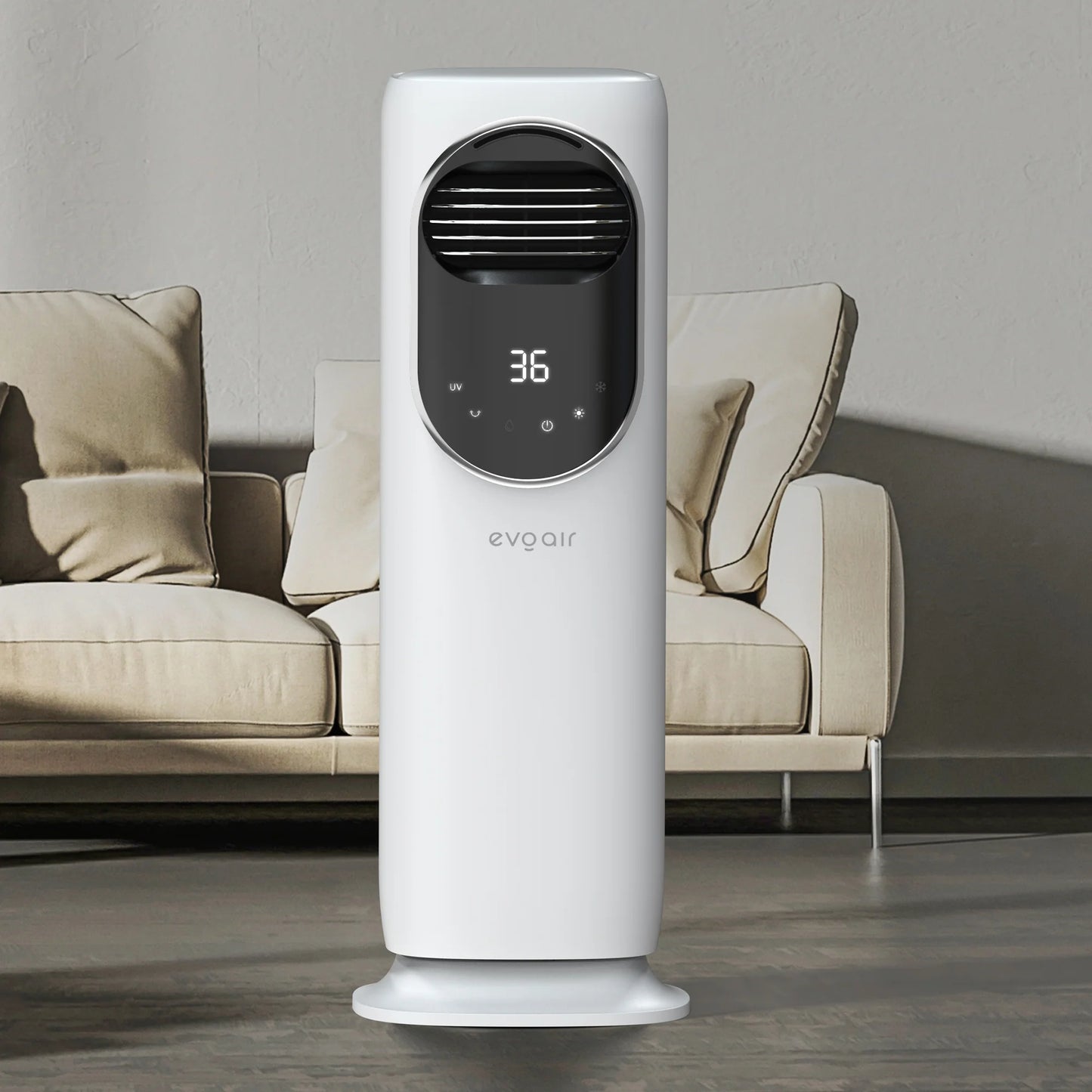 Ventilator Turn EVOAIR BRIIS SILVER, 4 în 1, Aerotermă, Funcție Încălzire/Răcire/Umidificare/Sterilizare UV, Telecomandă, 5 viteze, Pastile Răcire 2 + 2 Cadou, Rezervor 3.15L, Alb/Argintiu