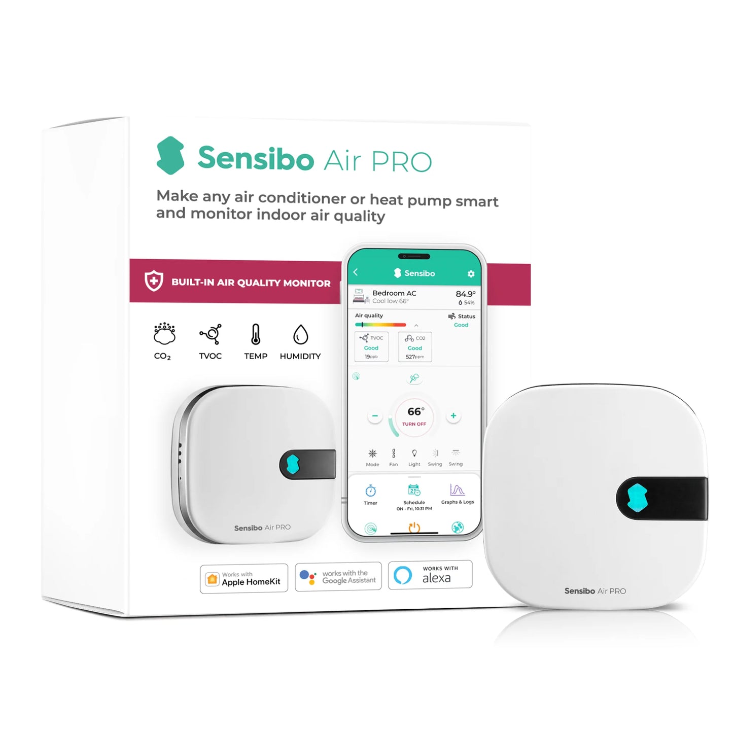 Termostat Aer Condiționat Smart SENSIBO Air Pro, Wi-Fi, Senzor Umiditate, Senzor Temperatură, Senzor VOC, Senzor CO2, Control Remote, Alexa, Google Home, Apple HomeKit, SmartThings, Alb