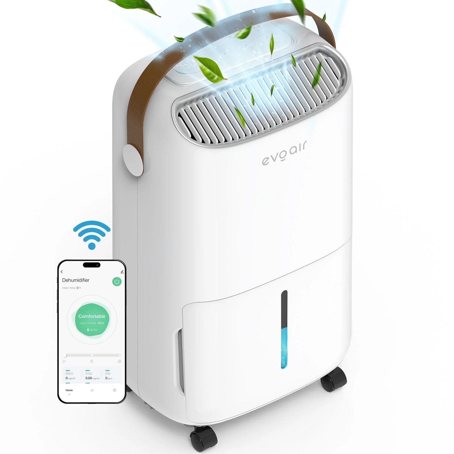 Dezumidificator de aer Smart EVOAIR NovaDry 12, Senzor Umiditate, Funcție Ionizare, Uscare Rufe, Lampă UVC, Curea Maro, Rezervor 2.5L, Capacitate 12L/24 ore
