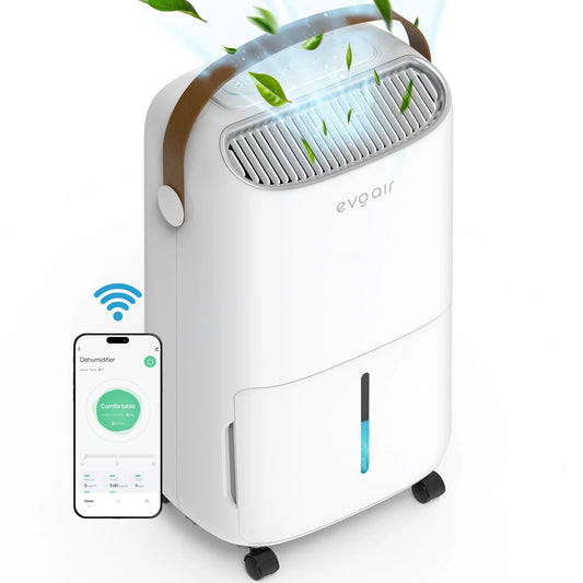 Dezumidificator de aer Smart EVOAIR NovaDry 12, Senzor Umiditate, Funcție Ionizare, Uscare Rufe, Lampă UVC, Curea Maro, Rezervor 2.5L, Capacitate 12L/24 ore