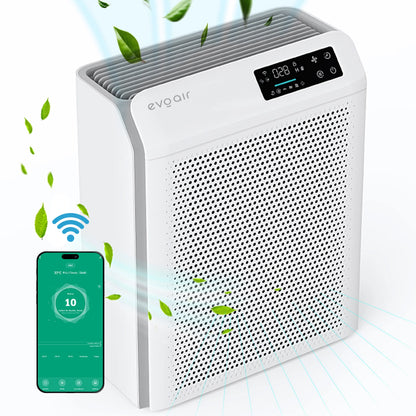 Purificator de aer Smart EVOAIR Homi P300, Wi-Fi, Filtru True HEPA, Mod Auto, Lampă UV, Ionizare, 6 Moduri Funcționare, Senzor Calitate Aer, Alb